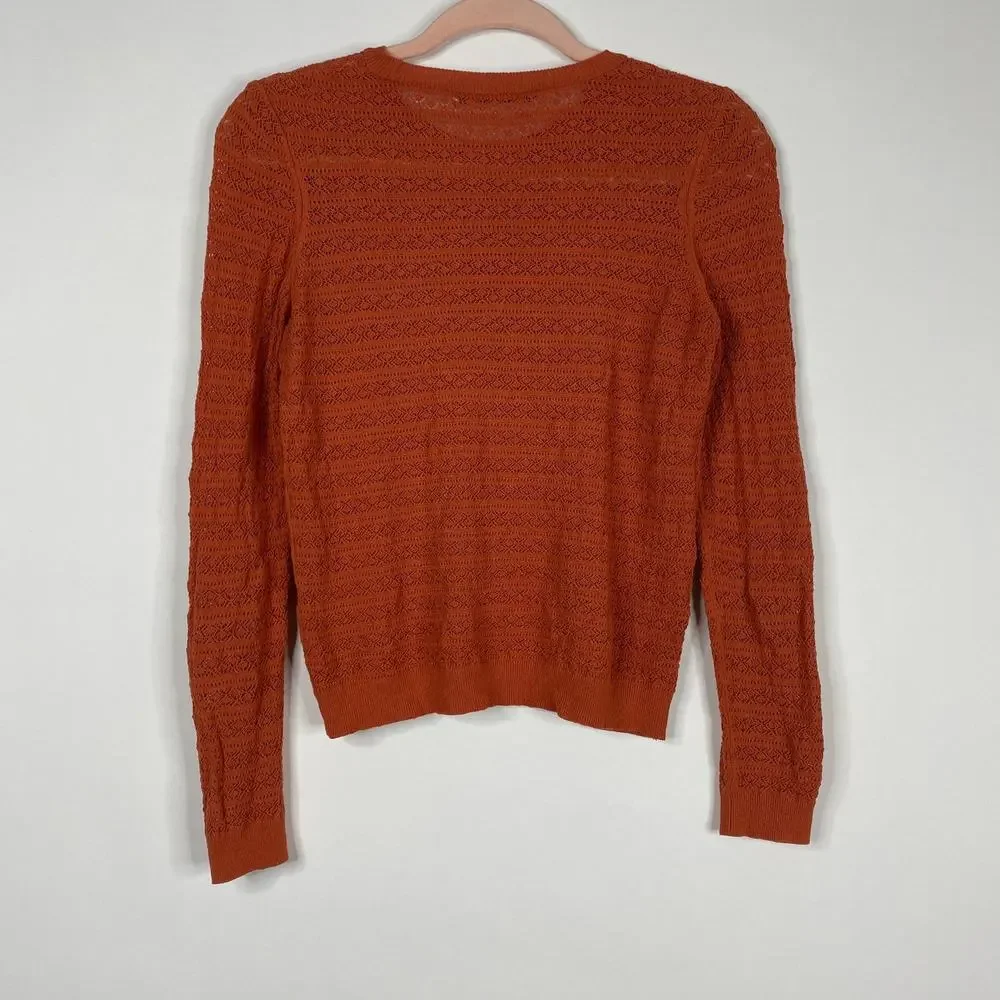 2/$30 ZARA Open Knit Crochet Sweater Small Burnt Orange Crew Long Sleeve #6453 - Picture 8 of 13